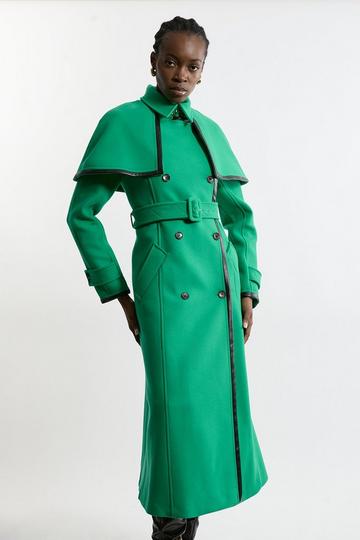 Premium Italian Manteco Wool Pu Tipped Storm Flap Cape Full Skirted Tailored Midaxi Coat emerald