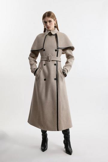 Premium Italian Manteco Wool Pu Tipped Storm Flap Cape Full Skirted Tailored Midaxi Coat neutral