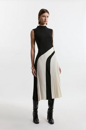 Petite Fluid Tailored Colourblock High Neck Pleated Midi Dress mono