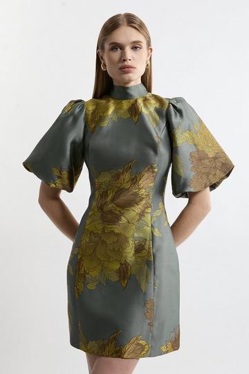 Multi Lydia Millen Tall Floral Jacquard Mini Dress With Tie Detail And Puff Sleeve