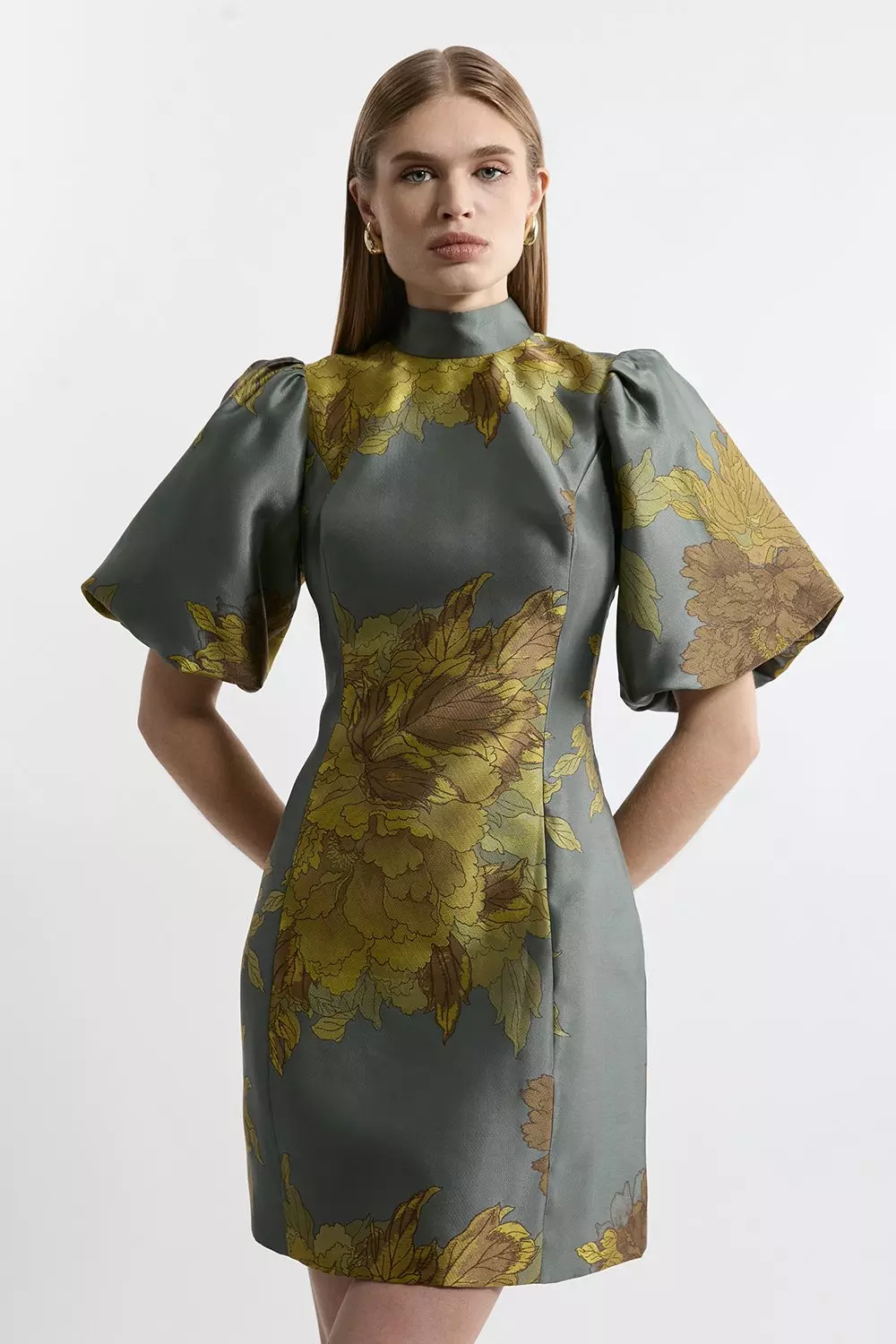 Lydia Millen Tall Floral Jacquard Mini Dress With Tie Detail And Puff  Sleeve | Karen Millen