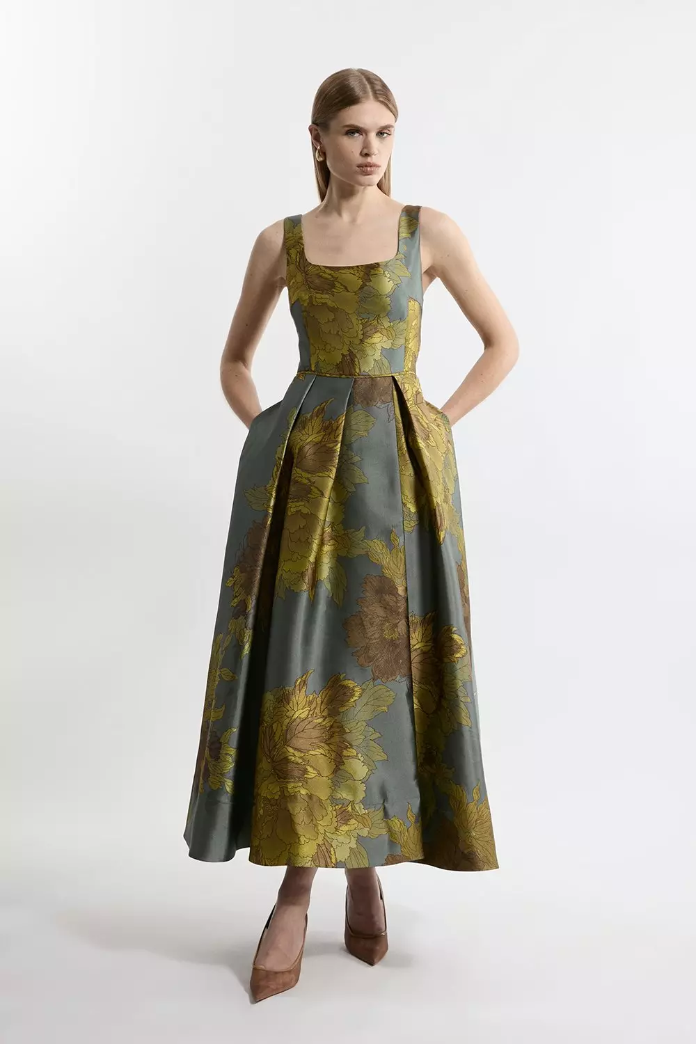 Lydia Millen Floral Jacquard Wrap Detail Woven Prom Dress