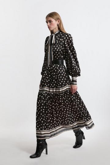 Polka Dot Woven Balloon Sleeve Belted Midaxi Dress mono