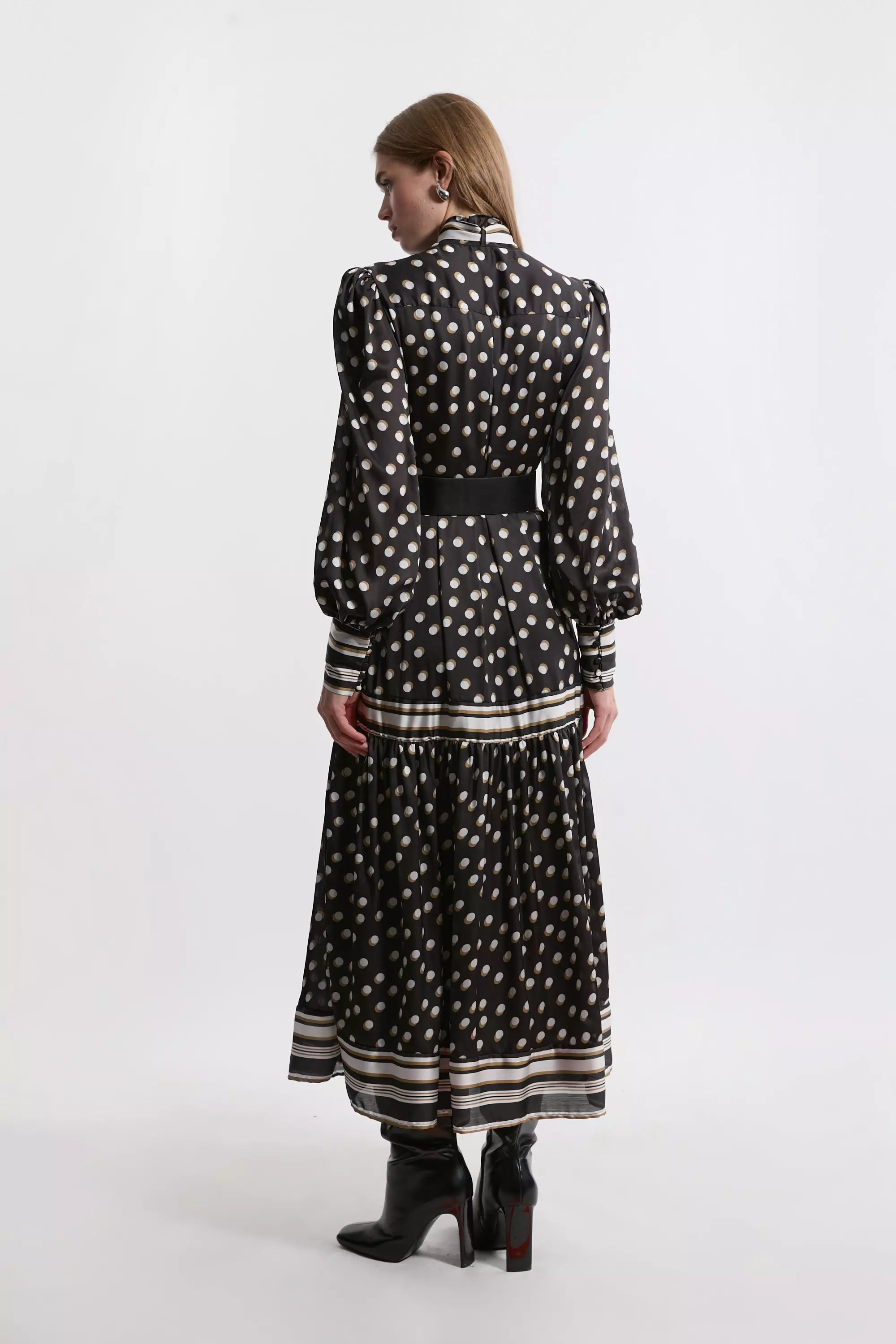 Polka Dot Woven Balloon Sleeve Belted Midaxi Dress | Karen