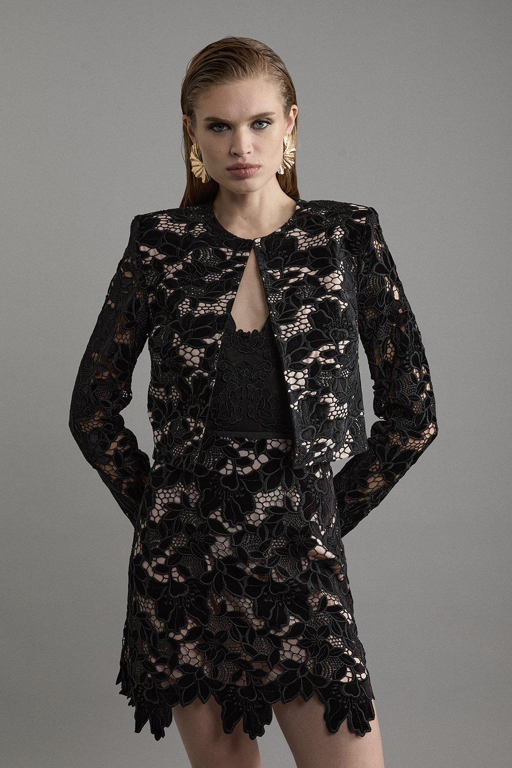 Black Velvet Cutwork Lace Detail Jacket