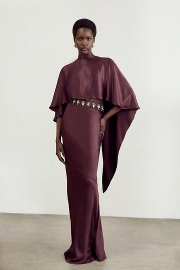 The Founder Tall Crystal Embellished Satin Cape Detail Maxi Dress chocolate