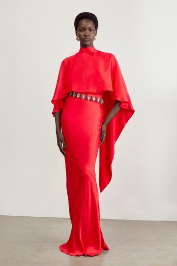 Red The Founder Tall Crystal Embellished Satin Cape Detail Maxi Dress