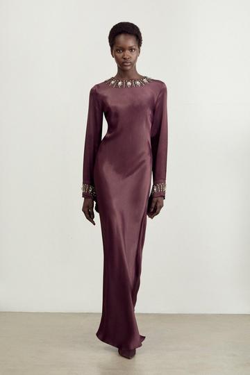 The Founder Petite Crystal Embellished Satin Wrap Maxi Dress chocolate