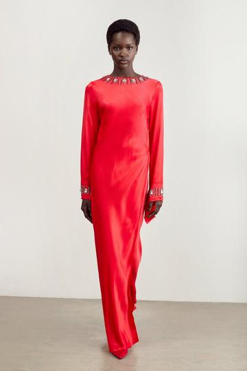 Red The Founder Petite Crystal Embellished Satin Wrap Maxi Dress