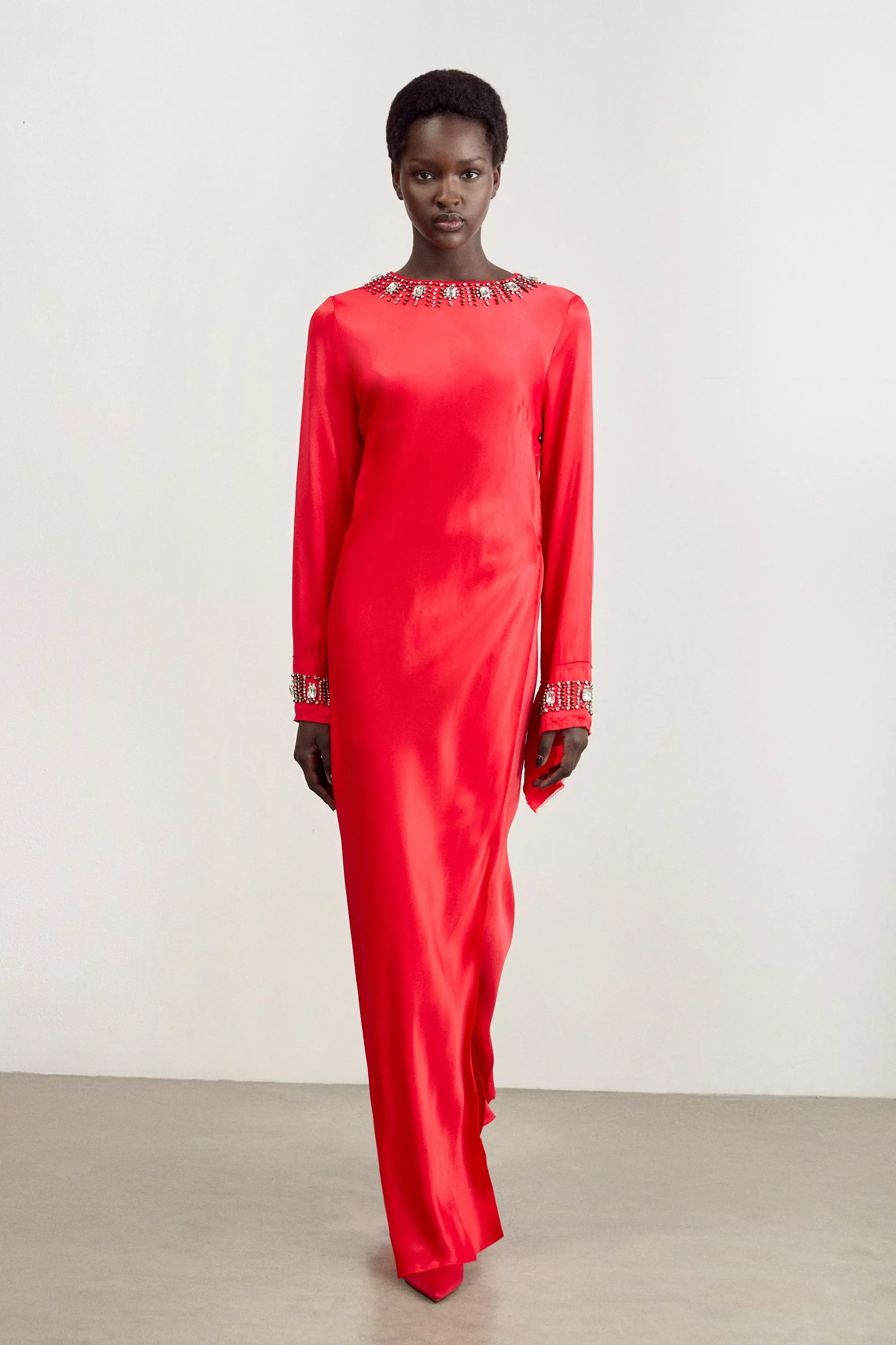 The Founder Petite Crystal Embellished Satin Wrap Maxi Dress Karen Millen