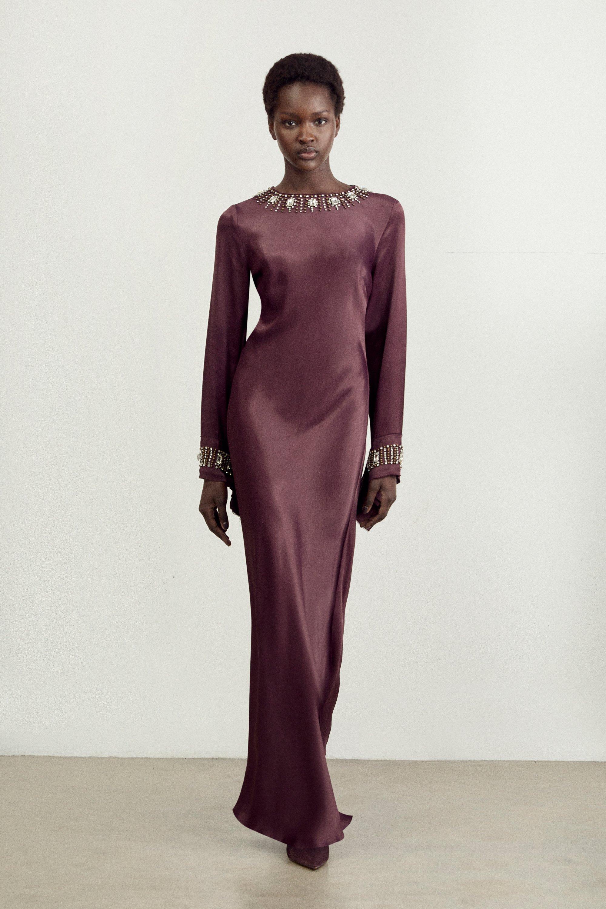 Long sleeve silk gown hotsell