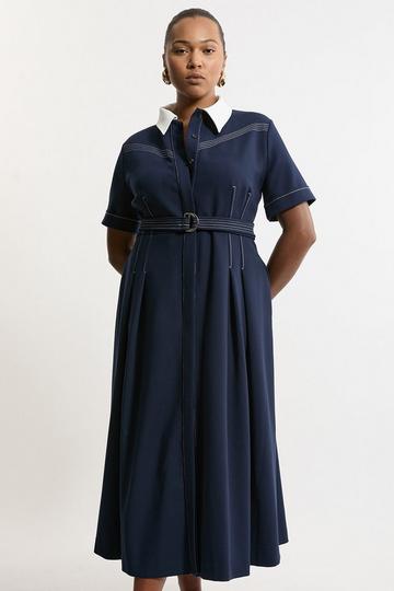 Navy Plus Size Compact Stretch Contrast Collar Full Skirted Midi Dress