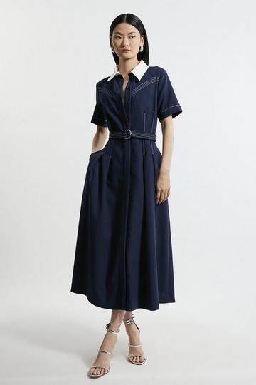 Compact Stretch Contrast Collar Full Skirted Midi Dress midnight