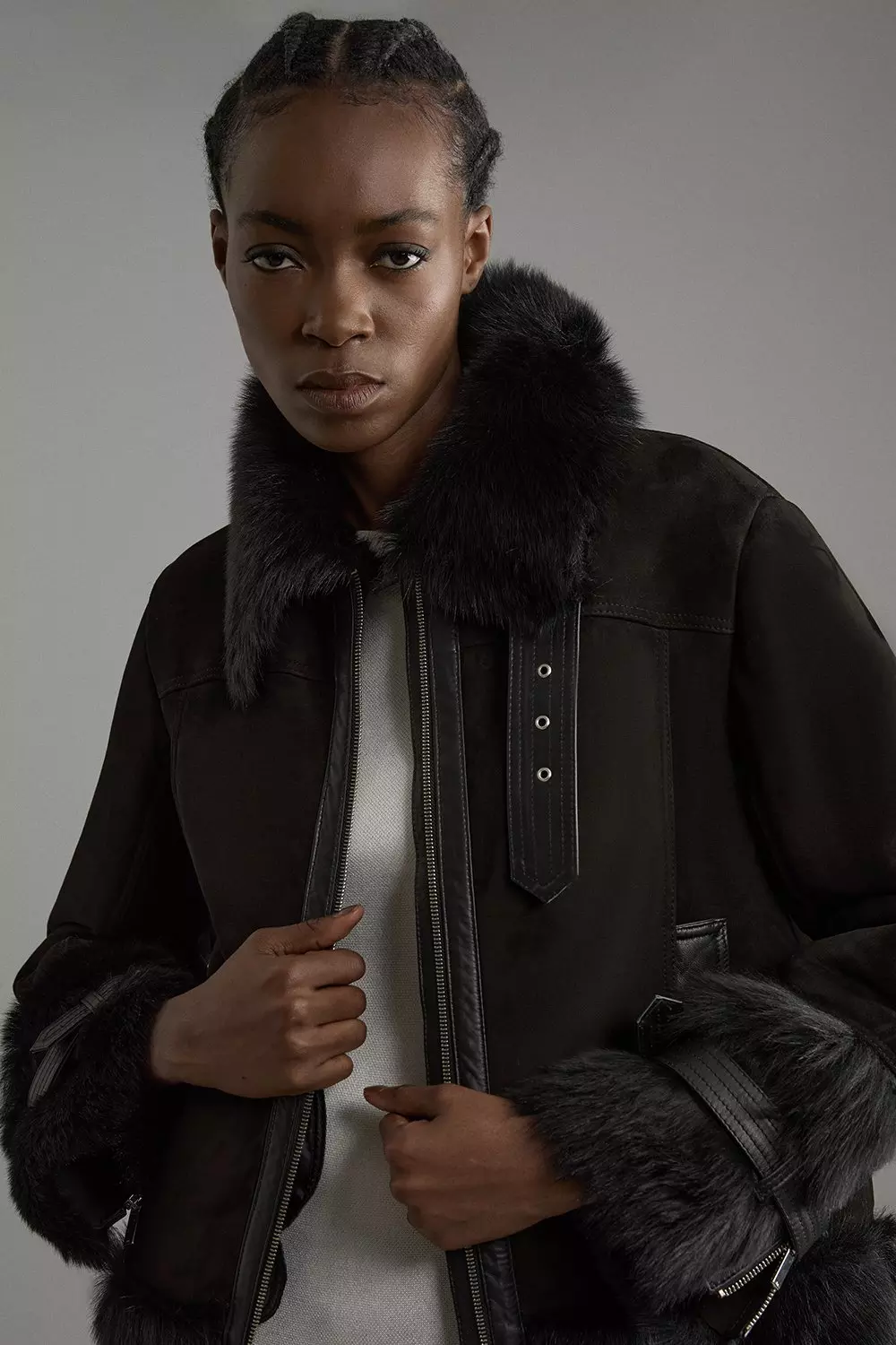 Shearling Buckle Detail Zip Through Coat Karen Millen