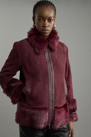 Shearling Buckle Detail Zip Through Coat merlot