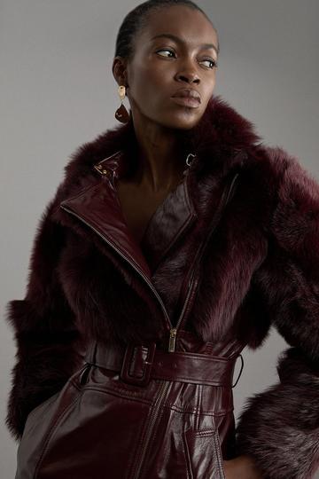 Red Shearling Mix Panelled High Shine Leather Belted Trench Coat