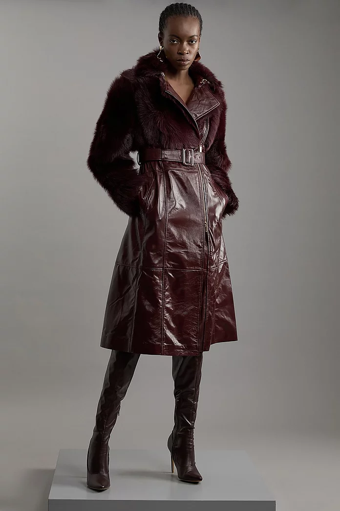 Shearling Mix Panelled High Shine Leather Belted Trench Coat Shearling Mix Panelled High Shine Leather Belted Trench Coat
