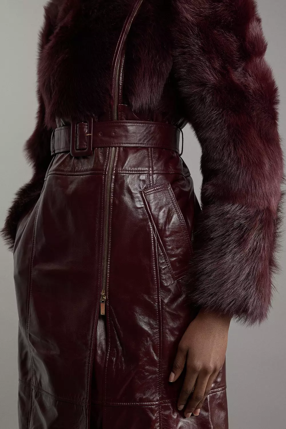 Shearling Mix Panelled High Shine Leather Belted Trench Coat Karen Millen