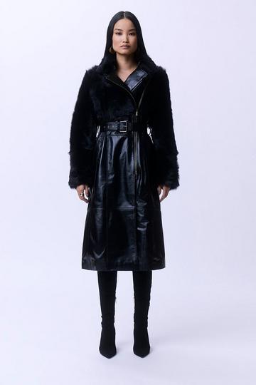 Black Shearling Mix Panelled Leather Belted Trench Coat