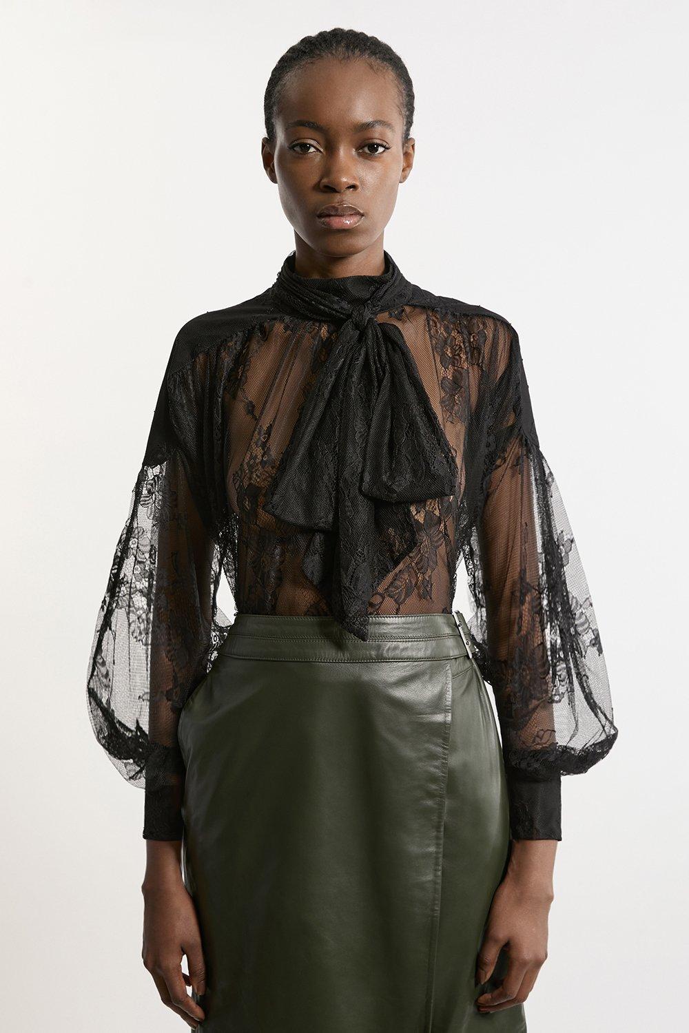 Black Tall Sheer Lace Balloon Sleeve Bow Detail Blouse