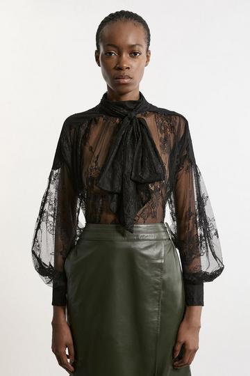 Tall Sheer Lace Balloon Sleeve Bow Detail Blouse black