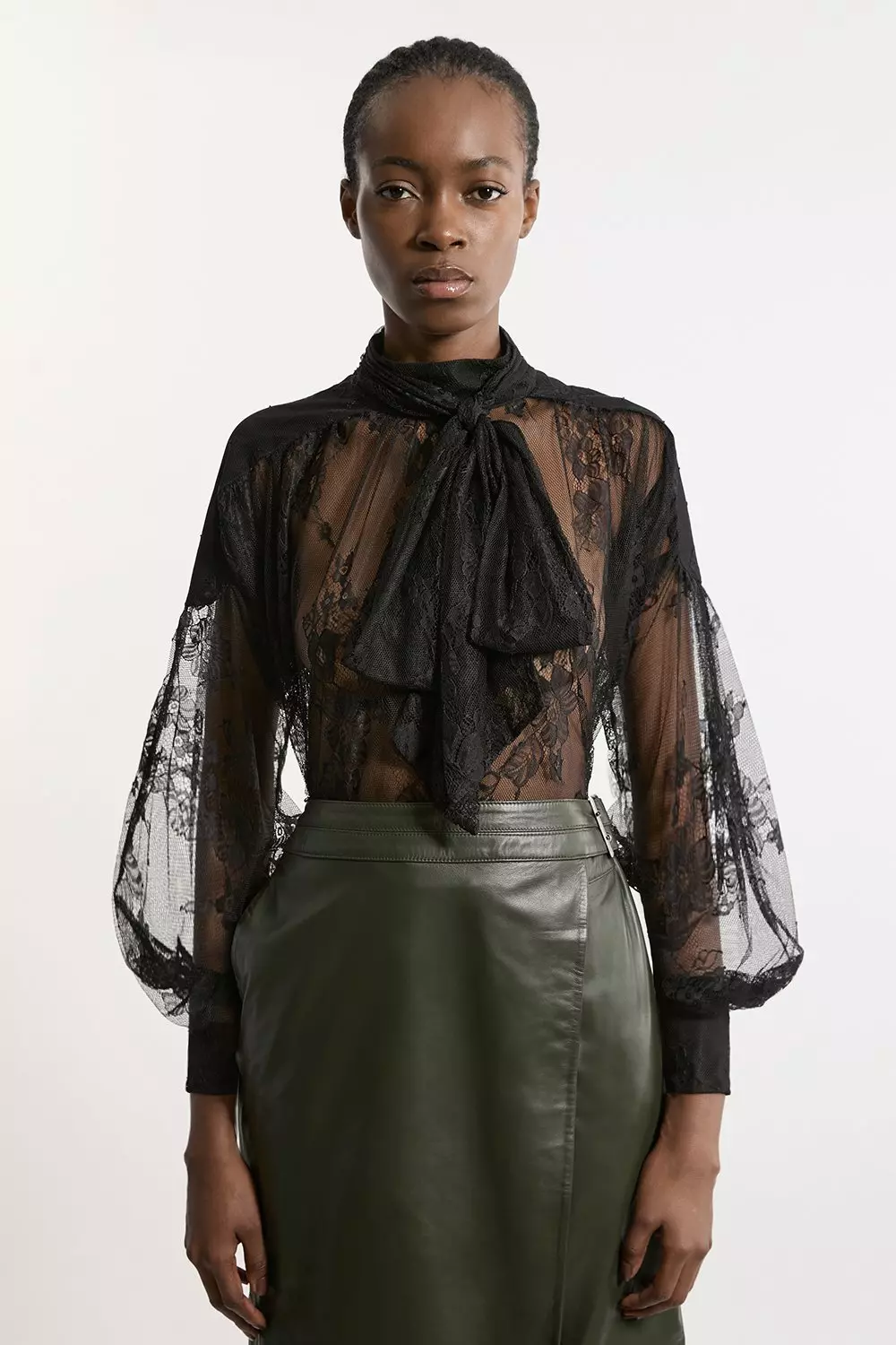 Black Tall Sheer Lace Balloon Sleeve Bow Detail Blouse alternative image