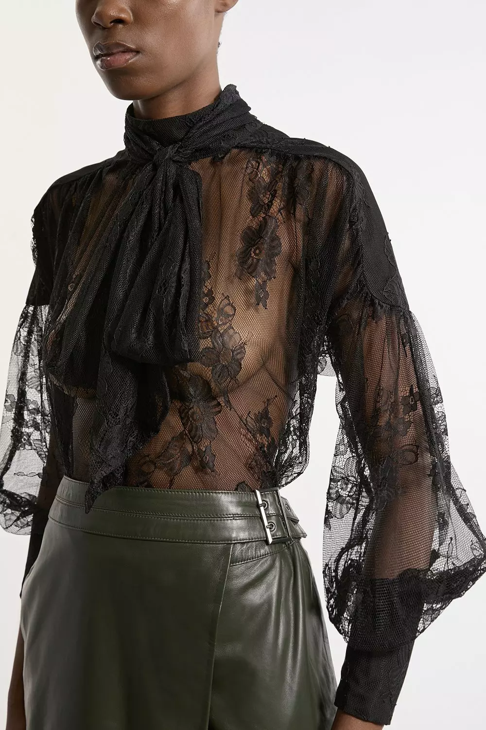 Black Tall Sheer Lace Balloon Sleeve Bow Detail Blouse alternative image