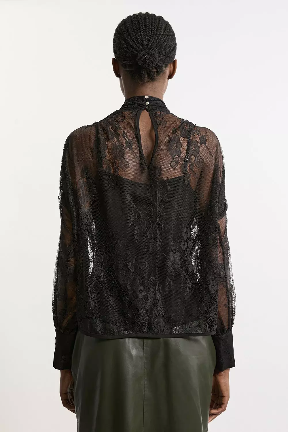 Black Tall Sheer Lace Balloon Sleeve Bow Detail Blouse alternative image