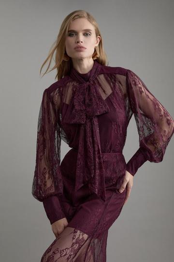 Tall Sheer Lace Balloon Sleeve Bow Detail Blouse wine