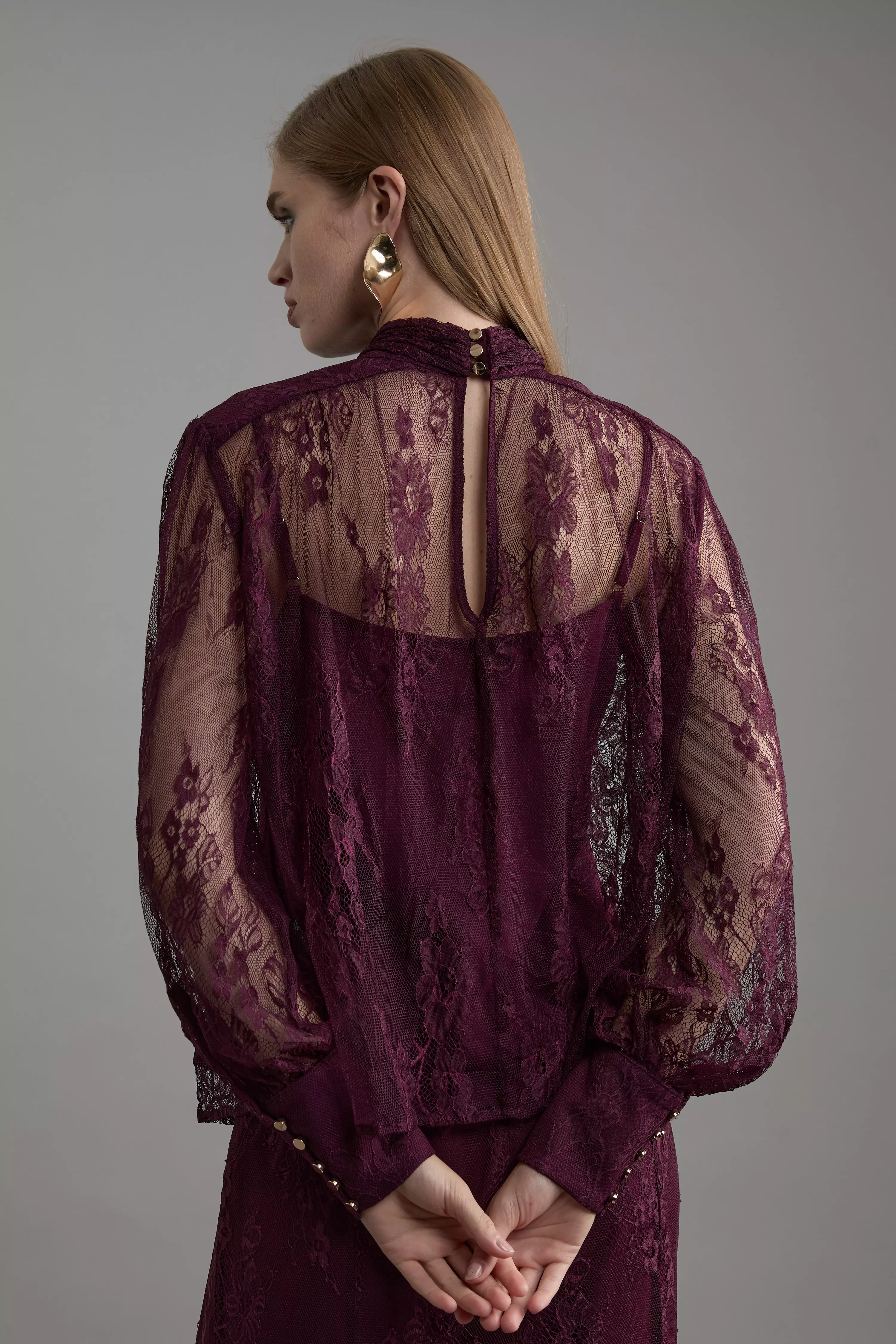 Tall Sheer Lace Balloon Sleeve Bow Detail Blouse | Karen Millen