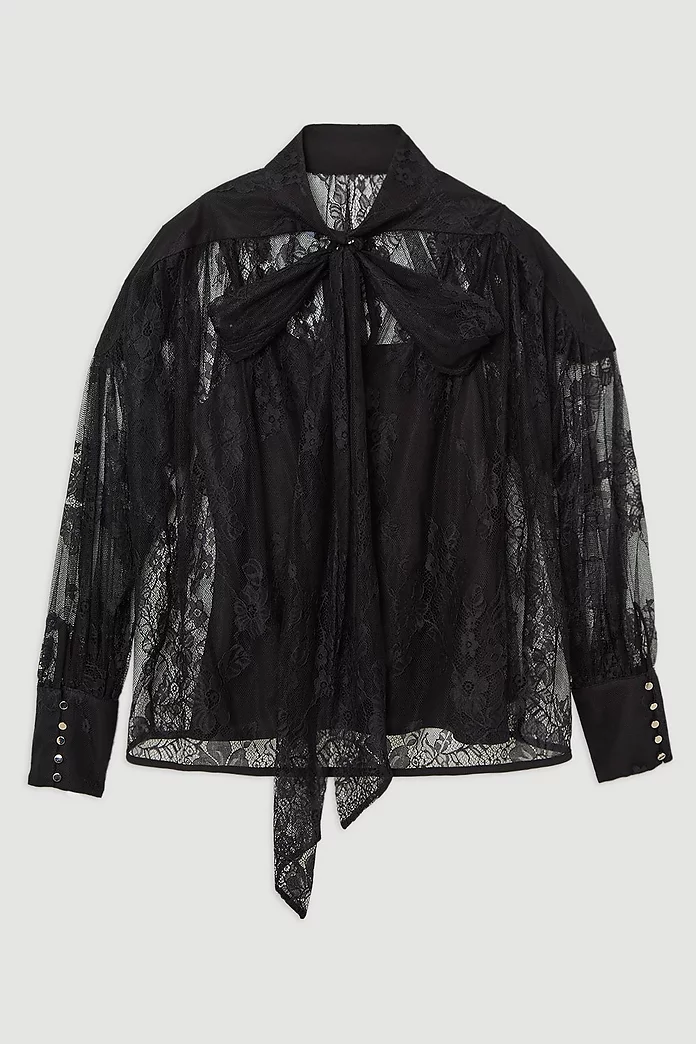 Sheer Lace Balloon Sleeve Bow Detail Blouse | Karen Millen Sheer Lace Balloon Sleeve Bow Detail Blouse | Karen Millen