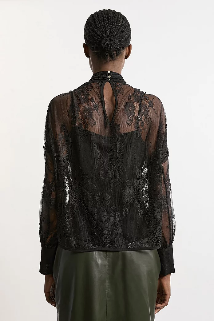 Sheer Lace Balloon Sleeve Bow Detail Blouse | Karen Millen Sheer Lace Balloon Sleeve Bow Detail Blouse | Karen Millen