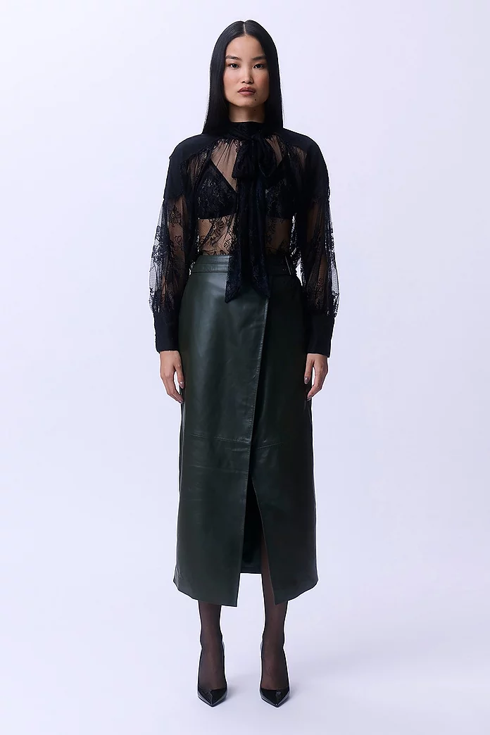 Sheer Lace Balloon Sleeve Bow Detail Blouse | Karen Millen Sheer Lace Balloon Sleeve Bow Detail Blouse | Karen Millen