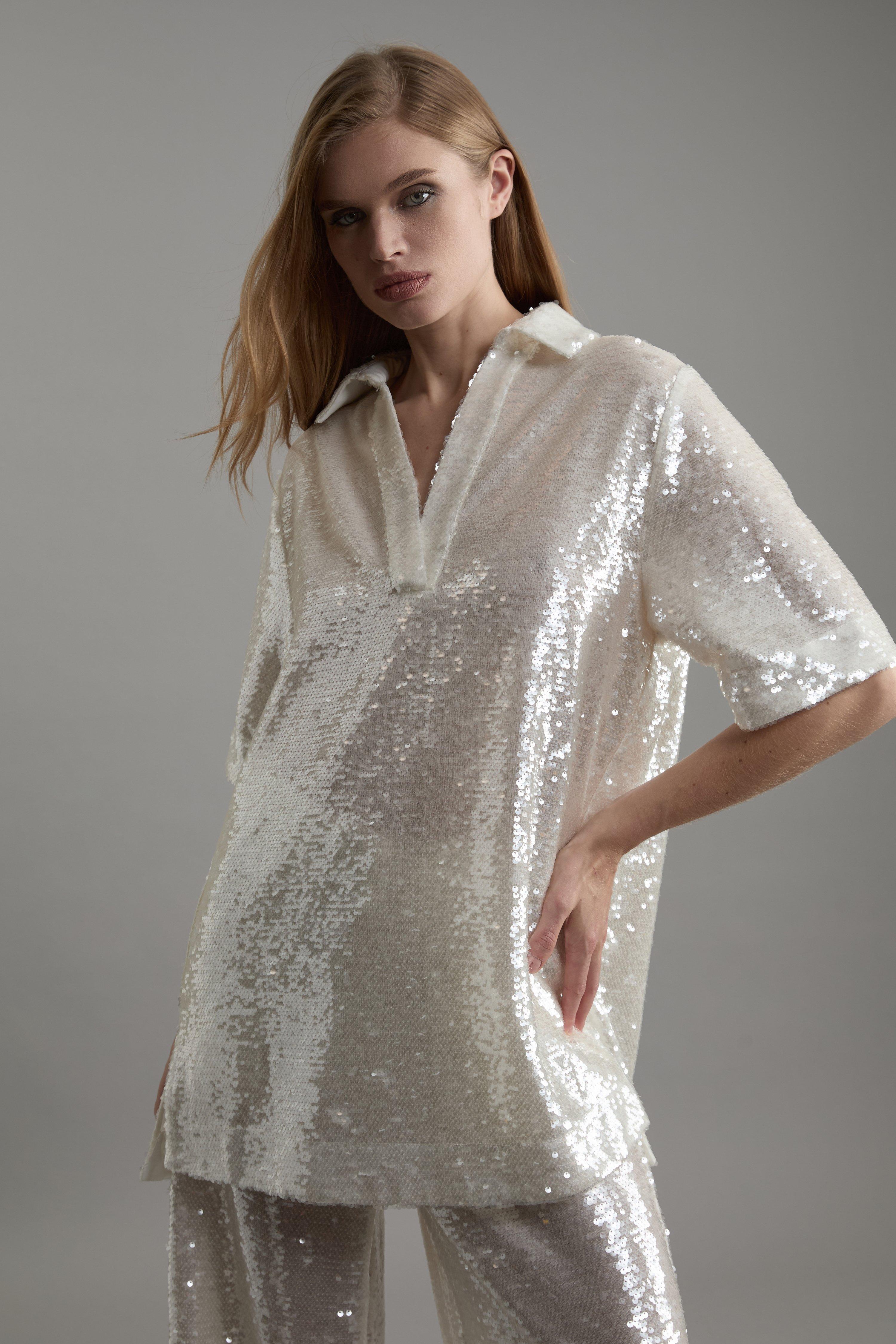 Silver Tall Sequin Collard Woven Tunic 