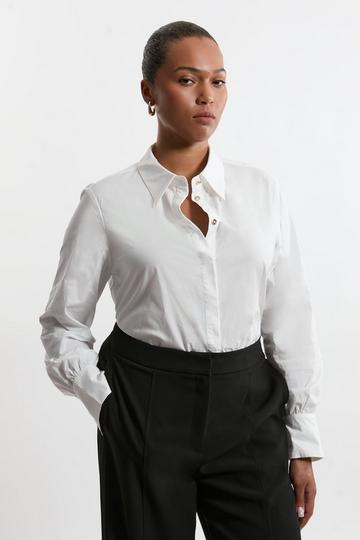 White Plus Size Cotton Button Sleeve Detail Woven Shirt