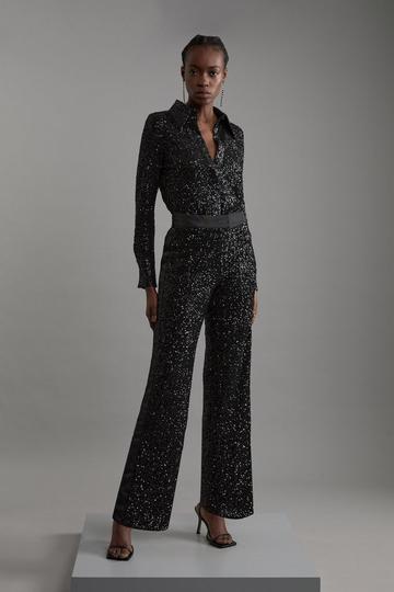 Sequin High Waisted Wide Leg Trousers black