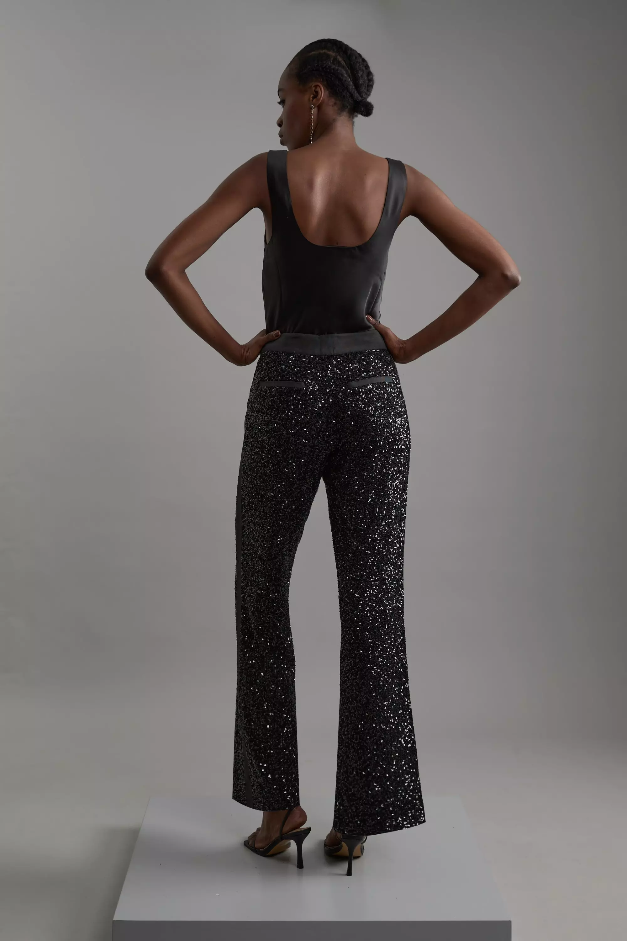 パンツ if six was nine HOT PT BLK Glitter Sequin High Waisted Wide Leg Pants | Karen Millen