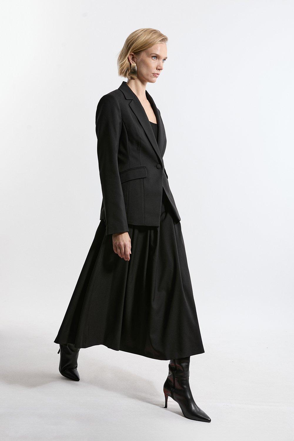 Black Tailored Twill Full Midi Skirt