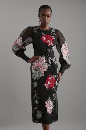 Floral Multi Applique And Embroidered Organdie Woven Midi Dress With Beading