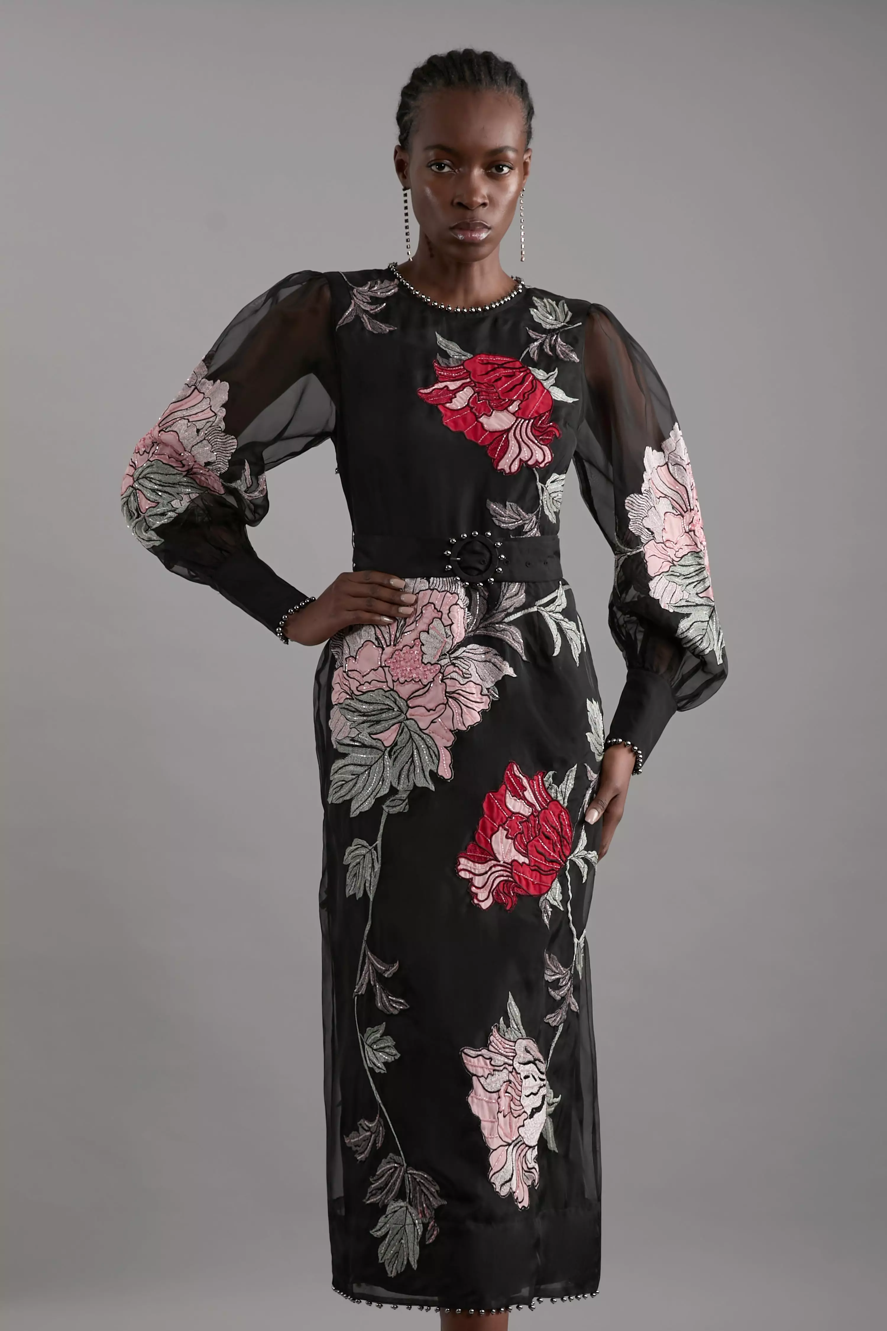 Floral Applique And Embroidered Organdie Woven Maxi Bandeau Dress With Beading alternative image
