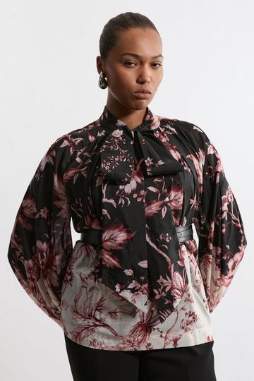 Plus Size Silk Cotton Border Print Floral Woven Blouse floral