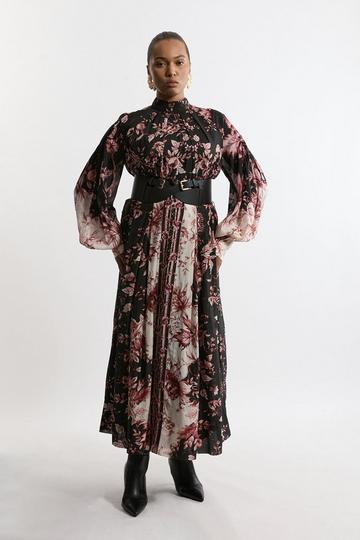 Plus Size Silk Cotton Border Print Floral Woven Maxi Dress floral