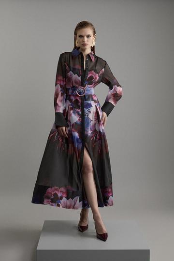 Organdie Printed Long Sleeve Shirt Midaxi Dress floral