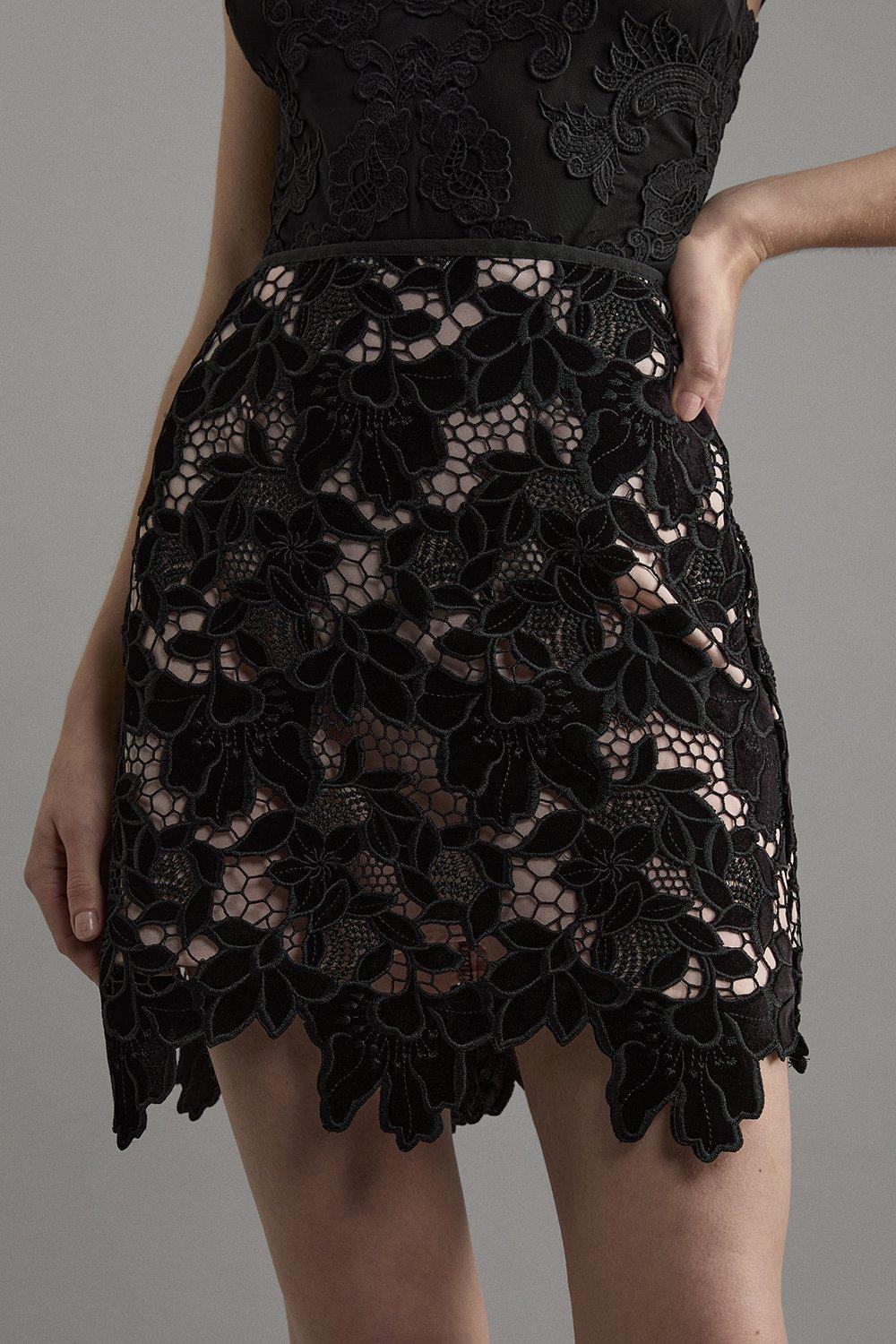 Black Velvet Cutwork Lace Detail Mini Skirt