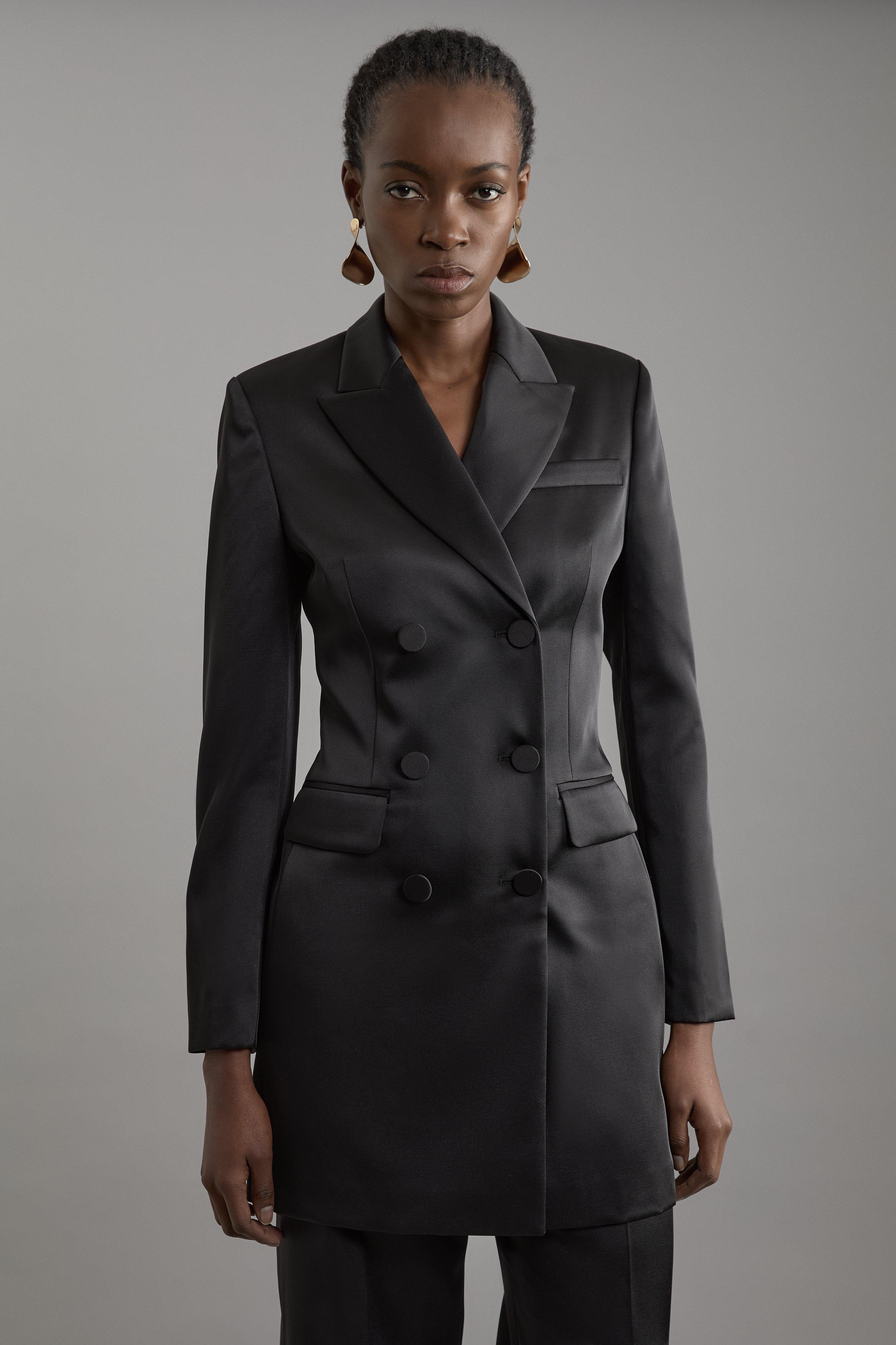 Black Structured Viscose Satin Tailored Double Breast Jacket