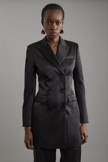 Structured Viscose Satin Tailored Double Breast Jacket black