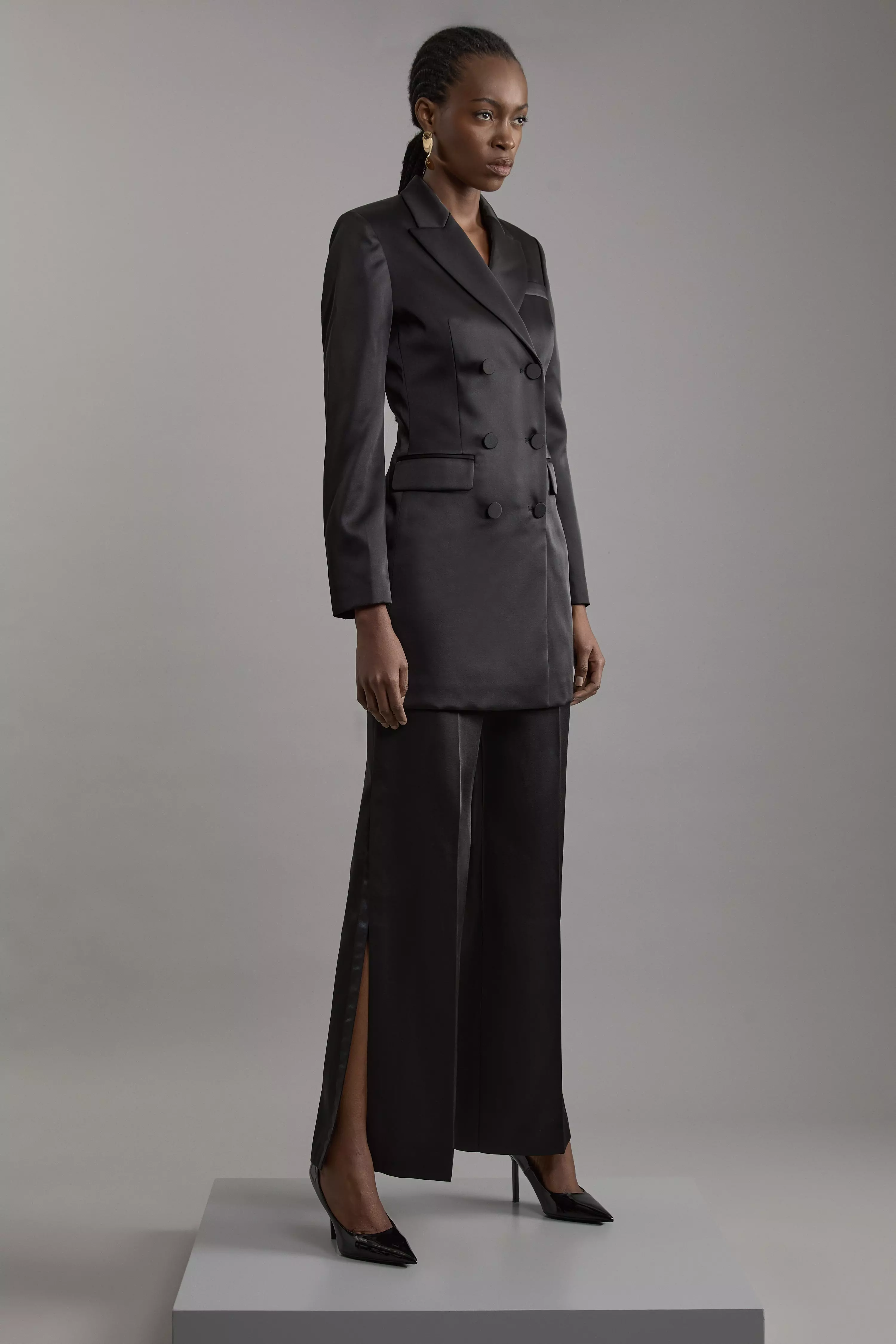 Structured Viscose Satin Tailored Double Breast Jacket