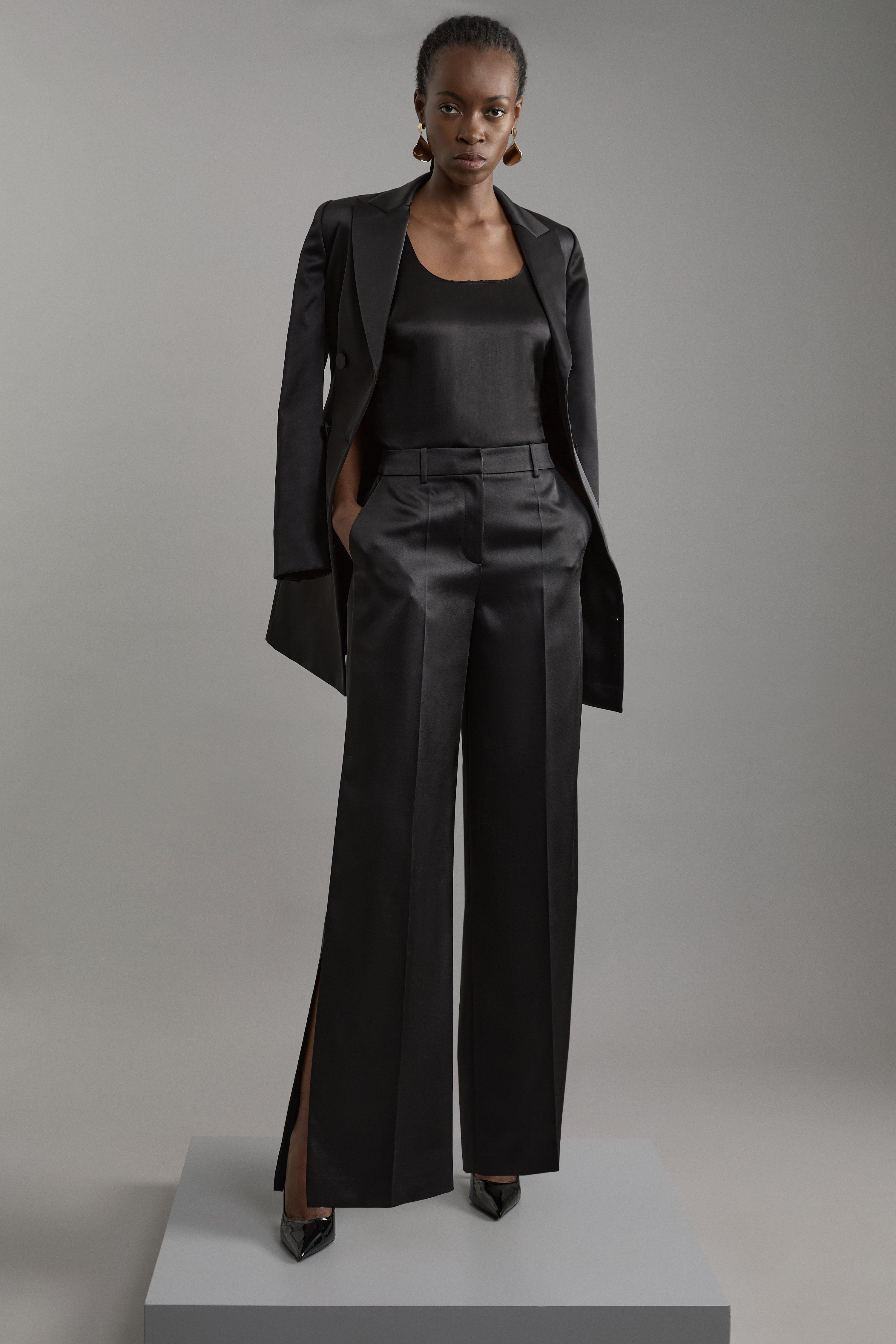 Black Structured Viscose Satin Tailored Wide Leg Trousers