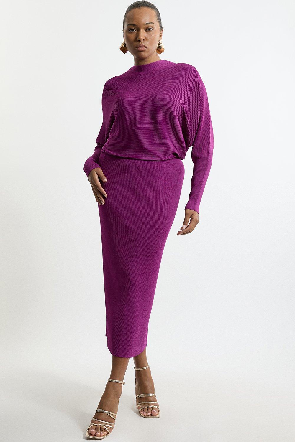 Plus Size Slinky Drape Knit Bat Wing Pencil Midi Dress