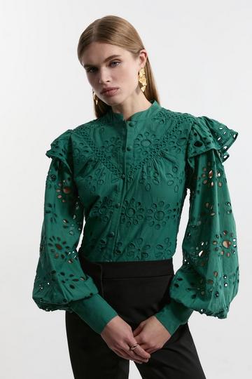 Green Eyelet Woven Blouse With Guipure Trim